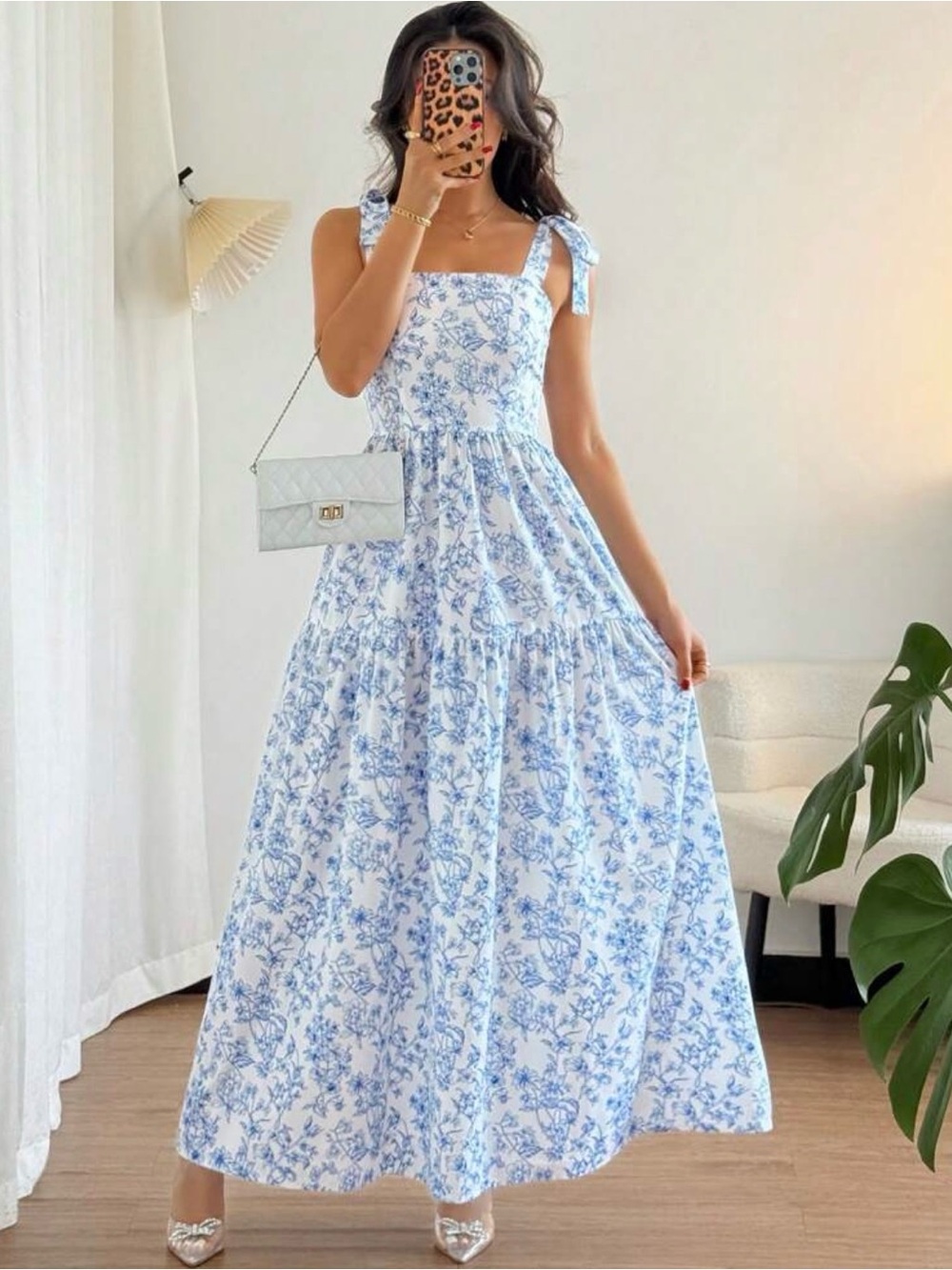 Girls White and Blue Floral Sundress with Tie Straps